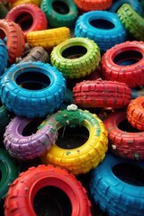 Obraz premium A playful pile of colorful tires of varying sizes, perfect for imaginative outdoor fun Ideal for playground, recreation, recycling, and childhood themes , outdoor play, games