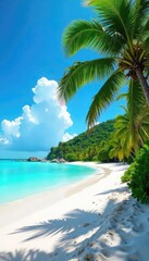 A pristine, deserted island beach with swaying palm trees, turquoise water, and soft white sand Perfect for relaxation and escape The idyllic tropical scene is untouched and serene , sand, tranquil