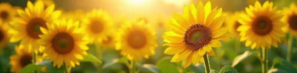 Obraz premium Vibrant sunflowers in full bloom, basking in the summer sun Golden petals, dark centers, lush green leaves create a stunning natural scene Perfect for summer, nature, and happy themes , warm, joyful