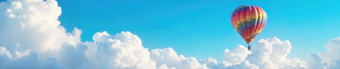Naklejka premium A vibrant blue sky stretches endlessly above a hot air balloon, gently drifting amidst fluffy white clouds Perfect for travel, adventure, and freedom themes , elevation, tranquility