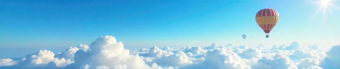 A vibrant blue sky stretches endlessly above a hot air balloon, gently drifting amidst fluffy white clouds Perfect for travel, adventure, and freedom themes , dusk, clouds, sky