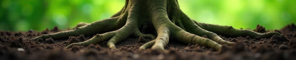 Fototapeta premium Close-up of intertwined tree roots, reaching deep into the earth, symbolizing grounding and connection to nature Perfect for mindfulness, yoga, and meditation concepts , spiritual, botany, dark