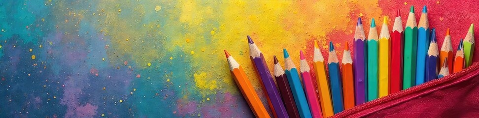 A vibrant, colorful pencil case overflowing with various writing and drawing tools, ready for back to school or artistic endeavors Perfect for students, artists, and creatives , case, design, crayons