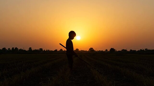 Child silhouette at sunset in a field, World Day Against Child Labour