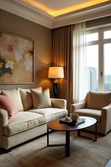 Fototapeta premium Luxurious hotel room featuring plush, oversized cushions on a comfortable sofa and armchairs, creating a relaxing and inviting atmosphere Perfect for a restful stay , cushions, furniture