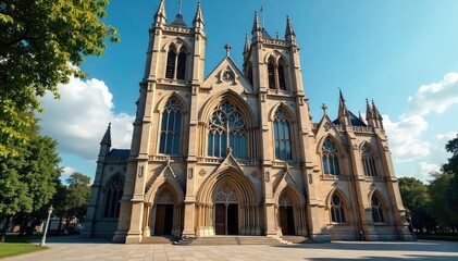 Majestic church building with intricate architectural details, soaring spires, and stained-glass windows Perfect for religious, historical, or architectural projects , exterior, temple, structure