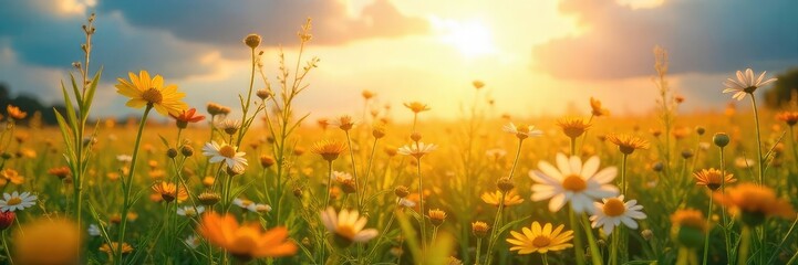 A vibrant sun shines on a field of wildflowers, symbolizing the radiant joy and inner peace associated with a happy personality , fulfillment, spirit