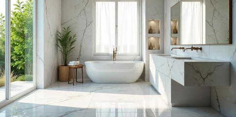 Luxurious marble bathroom with a freestanding bathtub, sleek fixtures, and natural light streaming through a large window A perfect blend of modern elegance and timeless design , lighting, bathroom