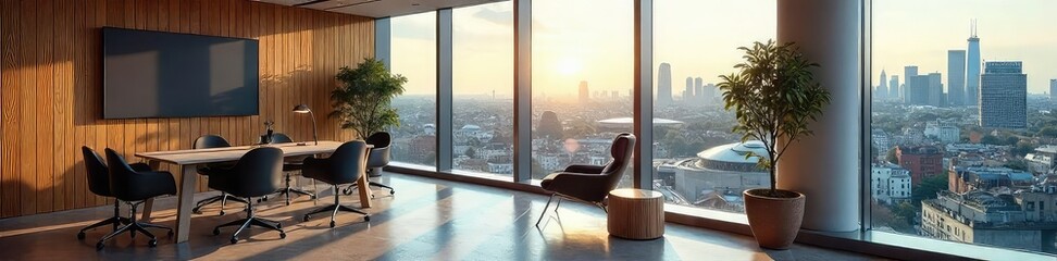 Modern London office space with large windows offering stunning city views, ideal for corporate meetings or individual work Sleek design, natural light, contemporary furniture , natural light, view
