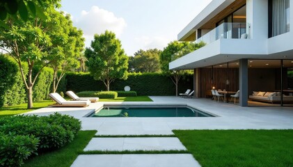 Elevated view of a modern, minimalist landscape design featuring clean lines, geometric shapes, and lush greenery A perfect example of contemporary architectural landscaping , grass, park, house