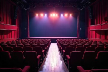 Empty theater bleachers await a performance, rows of seats stretching into the dim stage light Ready for the audience, the venue is quiet and expectant , shadows, lines