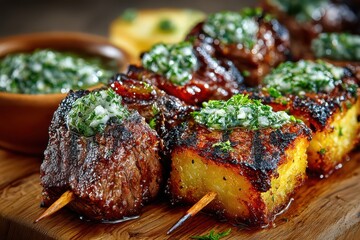 Delicious grilled beef and potato skewers are drizzled with vibrant chimichurri sauce, placed on a rustic wooden board creating an appetizing culinary presentation.
