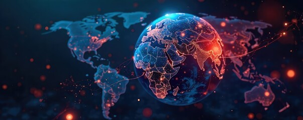 Global network connections visualized as a spinning globe with data streams flowing around it, representing international data transfer and communication , big data, cross border