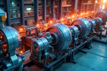 Gleaming new power plant components, freshly installed and awaiting connection Ready for energy generation and a bright future of clean power Modern, efficient technology , shiny, system