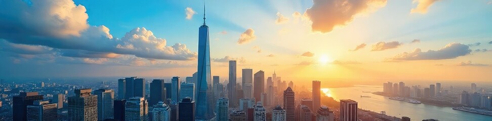 Fototapeta premium Bathed in golden sunlight, towering skyscrapers pierce a vibrant blue sky The city's architectural marvels create a stunning urban landscape on this bright, sunny day , lines, city scene, sunshine