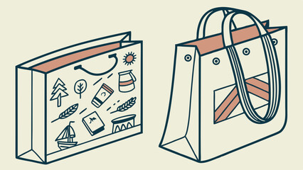 Two stylized shopping bags with nature and geometric designs
