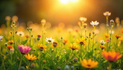 Golden sunlight bathes a vibrant meadow in warm hues, wildflowers swaying gently in the breeze A tranquil scene of summer's golden hour, perfect for nature-themed projects , green, tranquil, botany