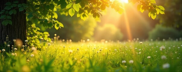 Golden sunlight streams through leaves onto a tranquil, sun-drenched meadow, evoking feelings of peace and warmth Perfect for summery, mindful themes , cheerful, mindfulness