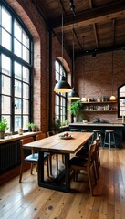 High-ceilinged loft dining room with exposed brick, large windows, and a rustic wooden dining table Industrial chic style, perfect for modern living , house, metal accents, apartment