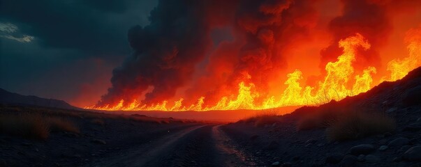 Intense, fiery flames engulfing a dark, desolate landscape The inferno rages, creating a dramatic display of heat and destruction A powerful image of uncontrolled fire , powerful, burning earth