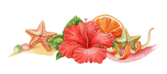 Summer wide arrangement with Hibiscus flower and starfish. Hand drawn watercolor artwork with orange and brushstroke. Beach vibe graphic element. Perfect for card template and holiday season design.