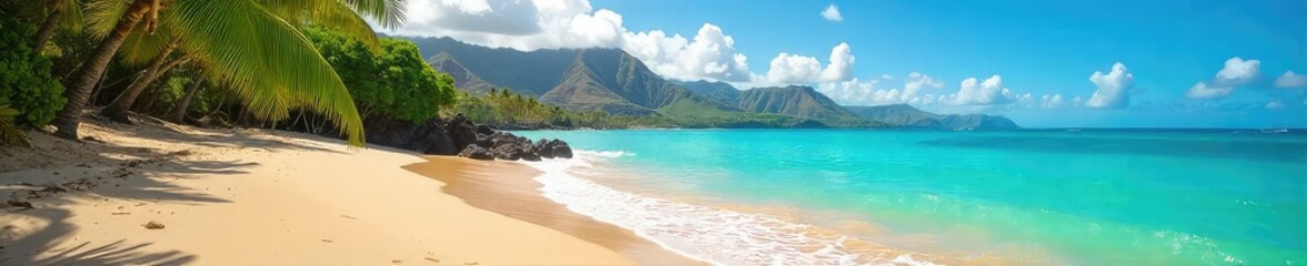 Sun-drenched Oahu beach, turquoise water lapping gently against the golden sand, lush tropical foliage in the background Perfect postcard scene of Hawaiian paradise , island, relaxation, vacation