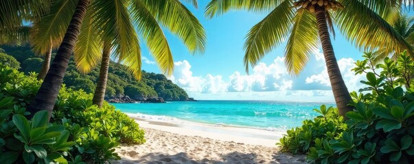 Lush tropical foliage thrives under the vibrant Miami Beach sun Ocean breezes rustle palm trees, creating a tranquil oasis Perfect for travel, vacation, and resort marketing , escape, sand