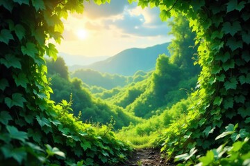 Lush green vines climb and cascade over a sun-drenched landscape, creating a vibrant and textured natural scene Ideal for nature, travel, and botanical projects , climbing plants, creeper, ivy