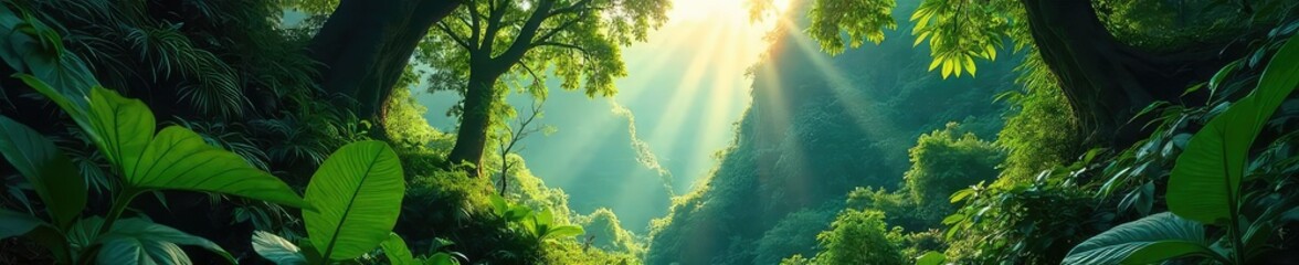 Lush, vibrant rainforest teeming with life Sunlight filters through the dense canopy, illuminating the vibrant flora and fauna below A hidden paradise untouched by time , oxygen, nature