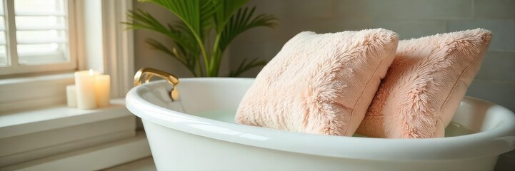 Luxurious bathroom pillows in soft, fluffy textures add comfort and style to a spa-like bath experience Perfect for relaxation and self-care , interior design, soft touch, bathroom upgrade