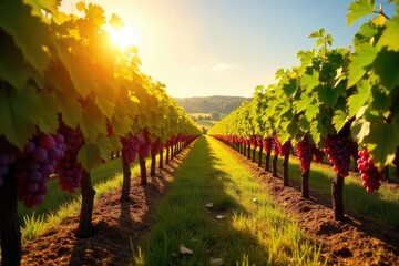 Naklejka premium Sun-drenched vineyard bursting with ripe grapes ready for harvest Rows of vines laden with plump, juicy fruit, ready for the autumnal harvest Golden sunlight bathes the scene , crop, country