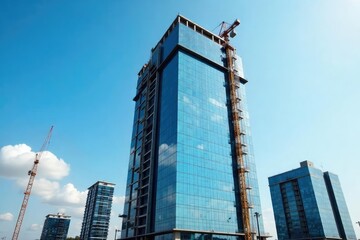 Modern glass and steel commercial building rising against a clear blue sky Construction site with cranes and scaffolding visible A successful business venture underway , highrise, cityscape, building