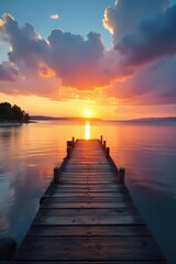 Fototapeta premium Tranquil scene of a wooden dock extending into calm waters, meeting a serene shoreline at sunset Perfect for travel, nature, or relaxation themes , clouds, bay, tranquil
