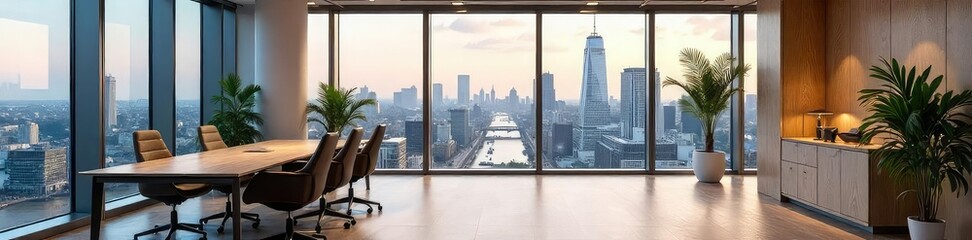 Modern London office space with large windows offering stunning city views, stylish minimalist design, perfect for corporate or startup businesses , skyscraper, city