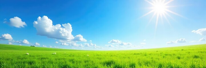 Fototapeta premium Vast, cloudless expanse of azure sky, brilliant sunshine illuminating the landscape Perfect summer day, idyllic scene of nature's beauty , vastness, view, overhead