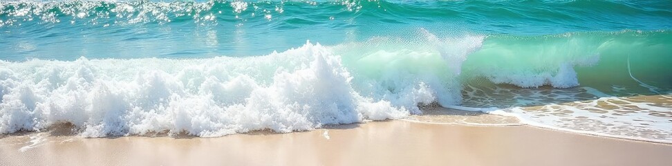 Ocean waves crashing on a sandy beach, sea foam, sunlight reflecting on water Dynamic coastal scene, perfect for travel, nature, and environmental themes , nature, sunlight, calmness