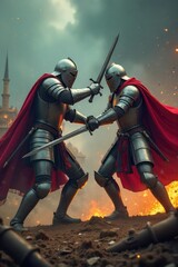 Fototapeta premium Two armored knights clash swords in a fierce medieval battle, sparks flying, amidst a chaotic battlefield strewn with fallen weaponry , sword, historical reenactment