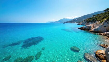 Fototapeta premium Stunning azure waters of the Mediterranean Sea sparkle under the bright sun Crystal clear, calm surface reflects the vibrant sky Ideal for travel, vacation, and summer themes , peaceful, sea