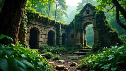 Overgrown stone ruins silently crumble amidst a vibrant rainforest, ancient architecture reclaimed by nature Lush vines climb crumbling walls, a testament to time's relentless march , science, nature