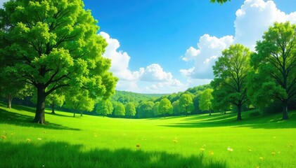 Obraz premium A vibrant summer scene featuring a freshly cut lawn, lush green trees, and a bright blue sky Perfect for themes of relaxation, nature, and carefree summer days , vibrant, outdoors, trees