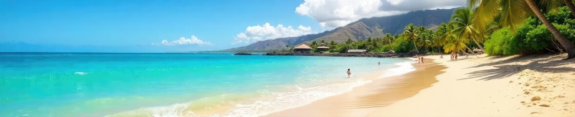 Fototapeta premium Sun-drenched Oahu beach, turquoise water lapping gently against the golden sand, lush tropical foliage in the background Perfect postcard scene of Hawaiian paradise , clouds, calm