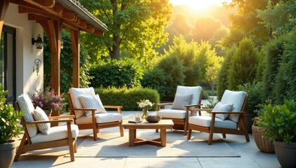 Relaxing summer scene featuring stylish outdoor furniture on a patio, bathed in warm sunlight Perfect for catalogs, websites, and home decor blogs , deck furniture, summertime, tranquility