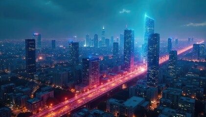 A futuristic cityscape with holographic projections connecting buildings, symbolizing the interconnectedness of the internet and its pervasive influence on modern life , communication, lines, flow