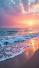 Serene beach background at sunset, featuring soft pastel colors, gentle waves lapping the shore, and a tranquil atmosphere Perfect for travel, vacation, or relaxation themes , shore, color