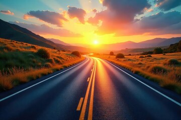 Fototapeta premium A winding road stretching towards a bright horizon symbolizes the journey of a career path, full of opportunities and challenges , perspective, sun