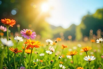 Obraz premium Joyful sunlit meadow scene, vibrant wildflowers swaying gently in a warm summer breeze Perfect for themes of happiness, nature, peace, and carefree living , vibrant, outdoor, carefree