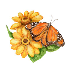 Yellow flower bouquet and Monarch butterfly summer arrangement. Hand drawn watercolor art with floral and leaf. Vacation vibe graphic element. Perfect for card template and holiday season design.
