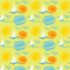 Seamless pattern with stylized sun, boat and waves.eps