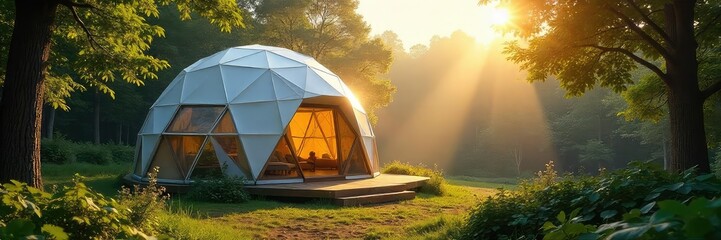 Serene geodesic dome bathed in soft sunlight, creating a mystical, spiritual sanctuary amidst nature Perfect for meditation, yoga, or spiritual retreat imagery , quiet, architecture