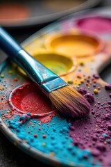 Close-up of a paintbrush resting on a palette with vibrant colors, ready for artistic creation The bristles are soft and the paint is richly textured , masterpiece, artwork, color mixing